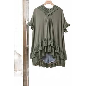NEW MELLO women's eyelet lace layered oversized hooded top in dusty olive